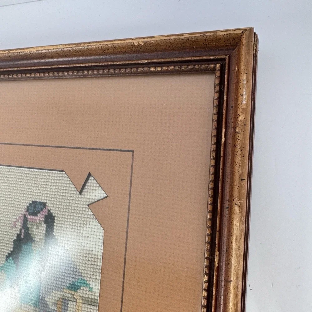 Framed Hand Stitched Needlepoint Southwest Scene Wall Art Brown Frame‎ 14x15